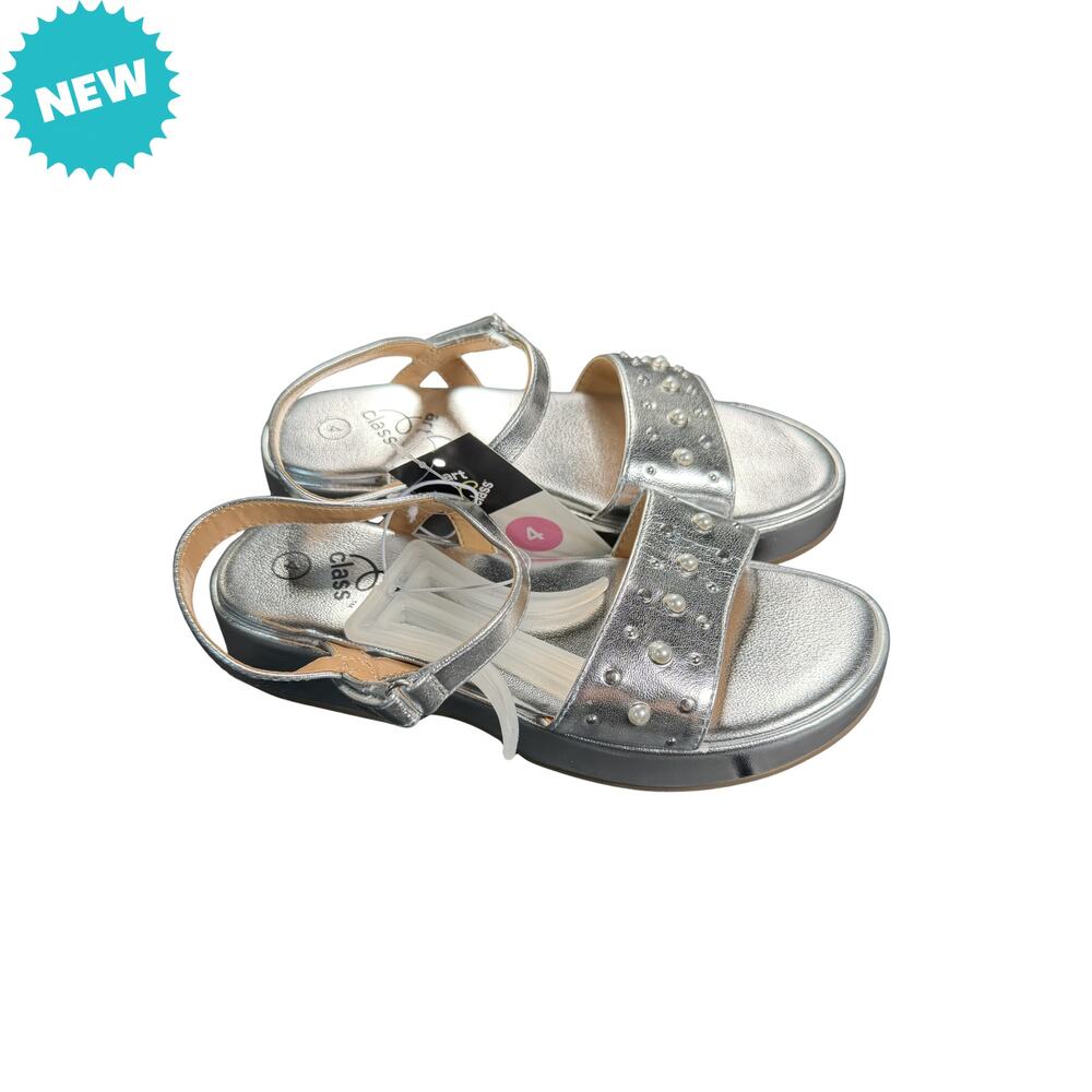 Art Class Sandals Girls Size 4Y Silver Liana Open Toe Faux Pearls Hook and Loop